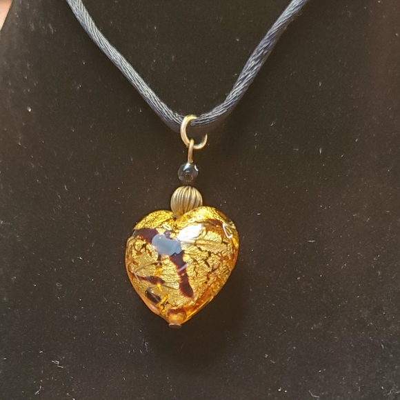 Vintage Gold Glass Heart Pendant - Picture 1 of 4
